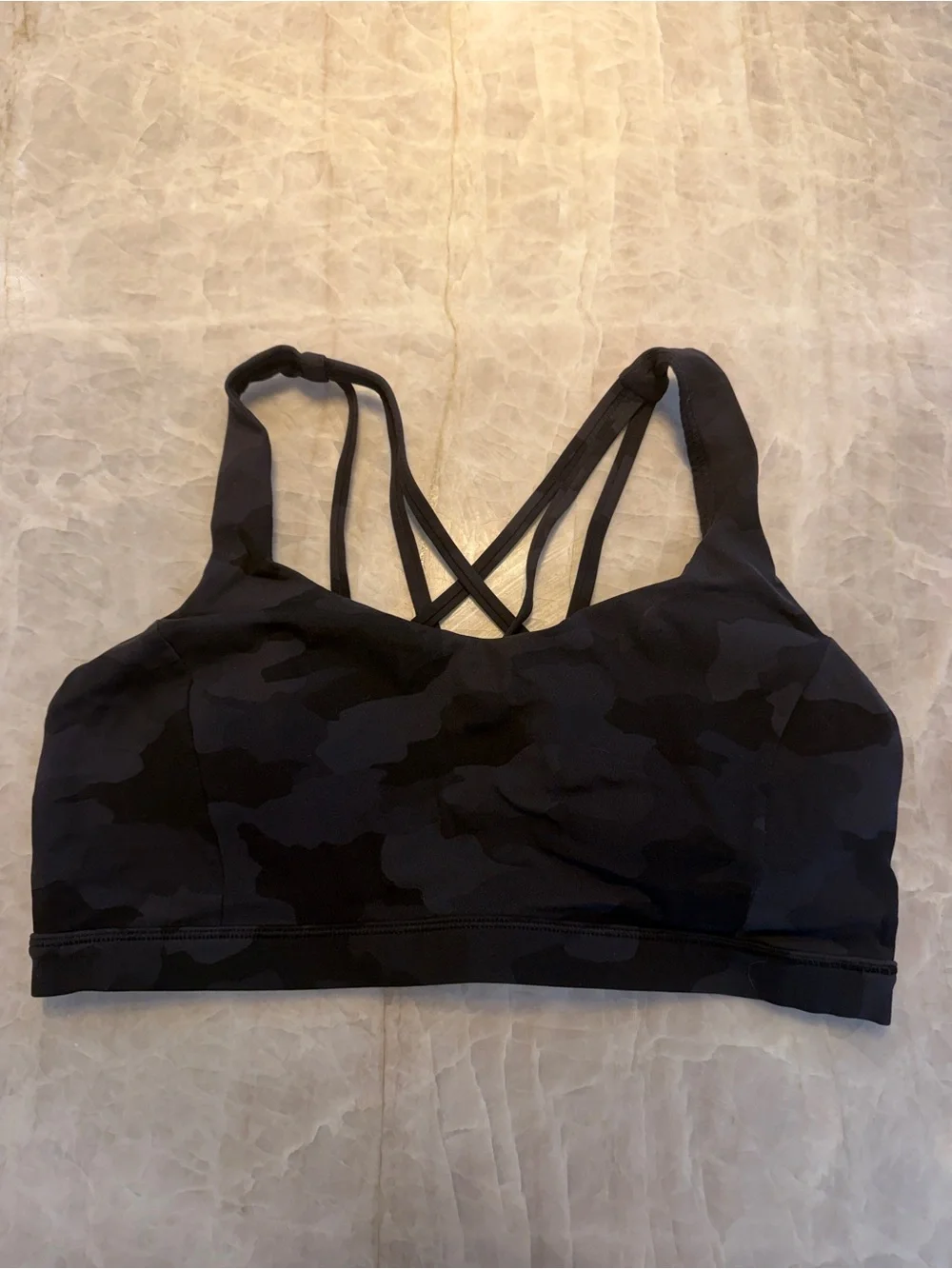 Lululemon Free To Be Serene Bra, black/gray camo, size 10